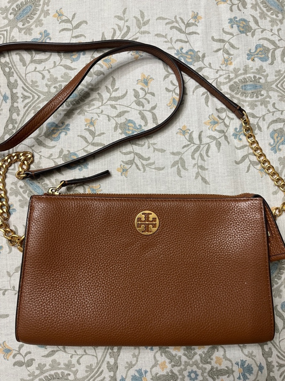 Tory Burch Brown Pebbled Leather Chain-Trim Crossbody
